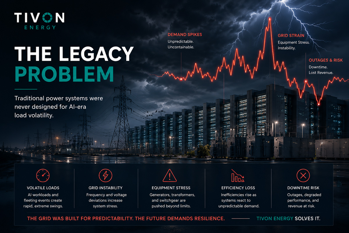 Tivon Energy Legacy Problem featured image showing AI-era load volatility, grid strain, equipment stress, efficiency loss, and downtime risk for traditional power systems.