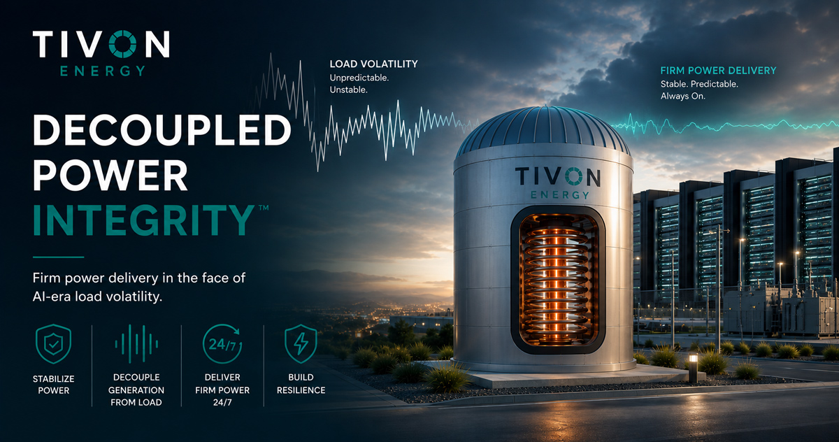 Tivon Energy Decoupled Power Integrity visual showing a Tivon thermal energy storage vessel with resistance heater elements supporting stable firm power delivery for AI-era load volatility.