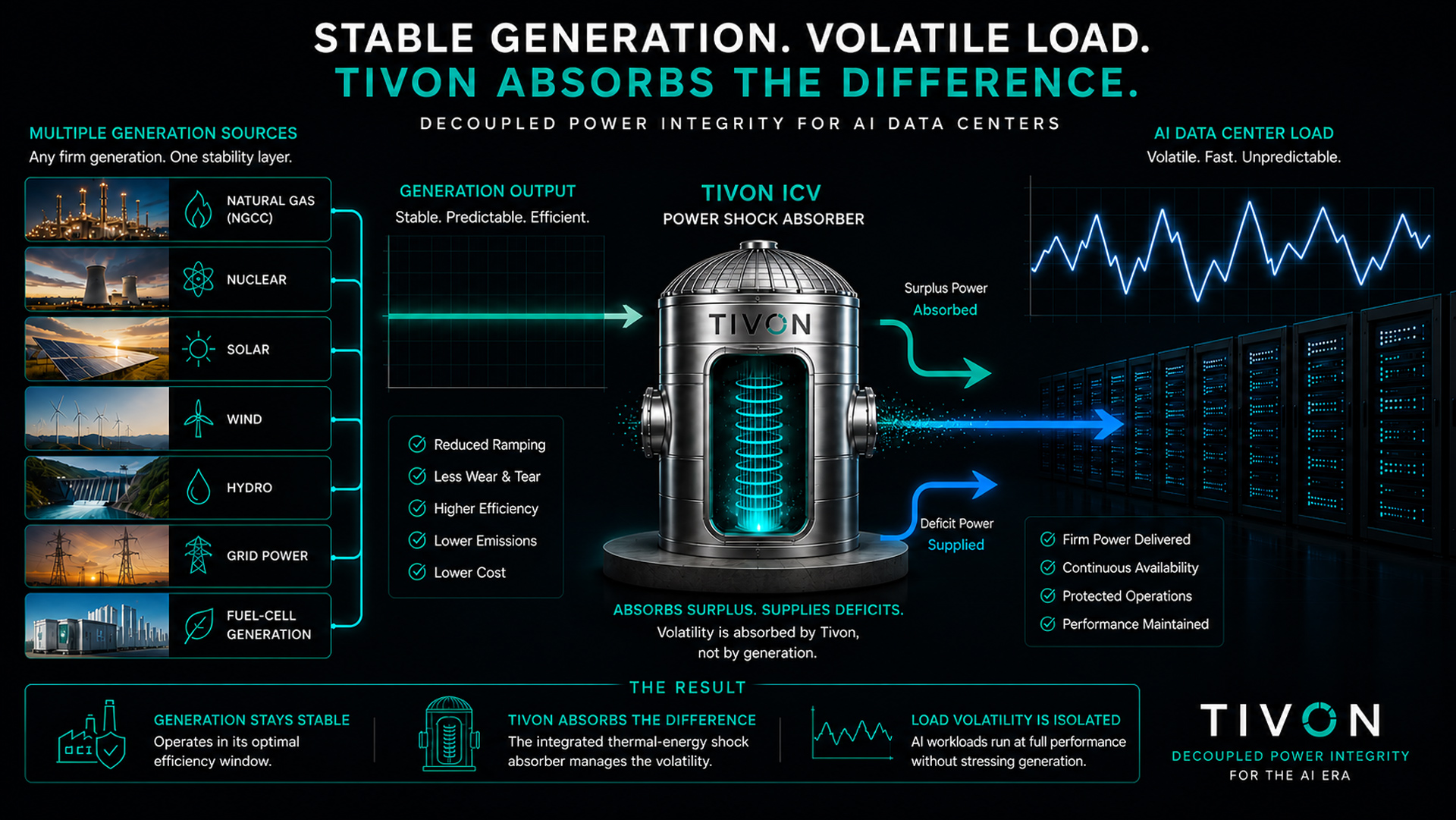Tivon Energy Decoupled Power Integrity diagram showing stable generation sources connected to thermal energy storage that absorbs surplus power and supplies deficit power for volatile AI data center loads.