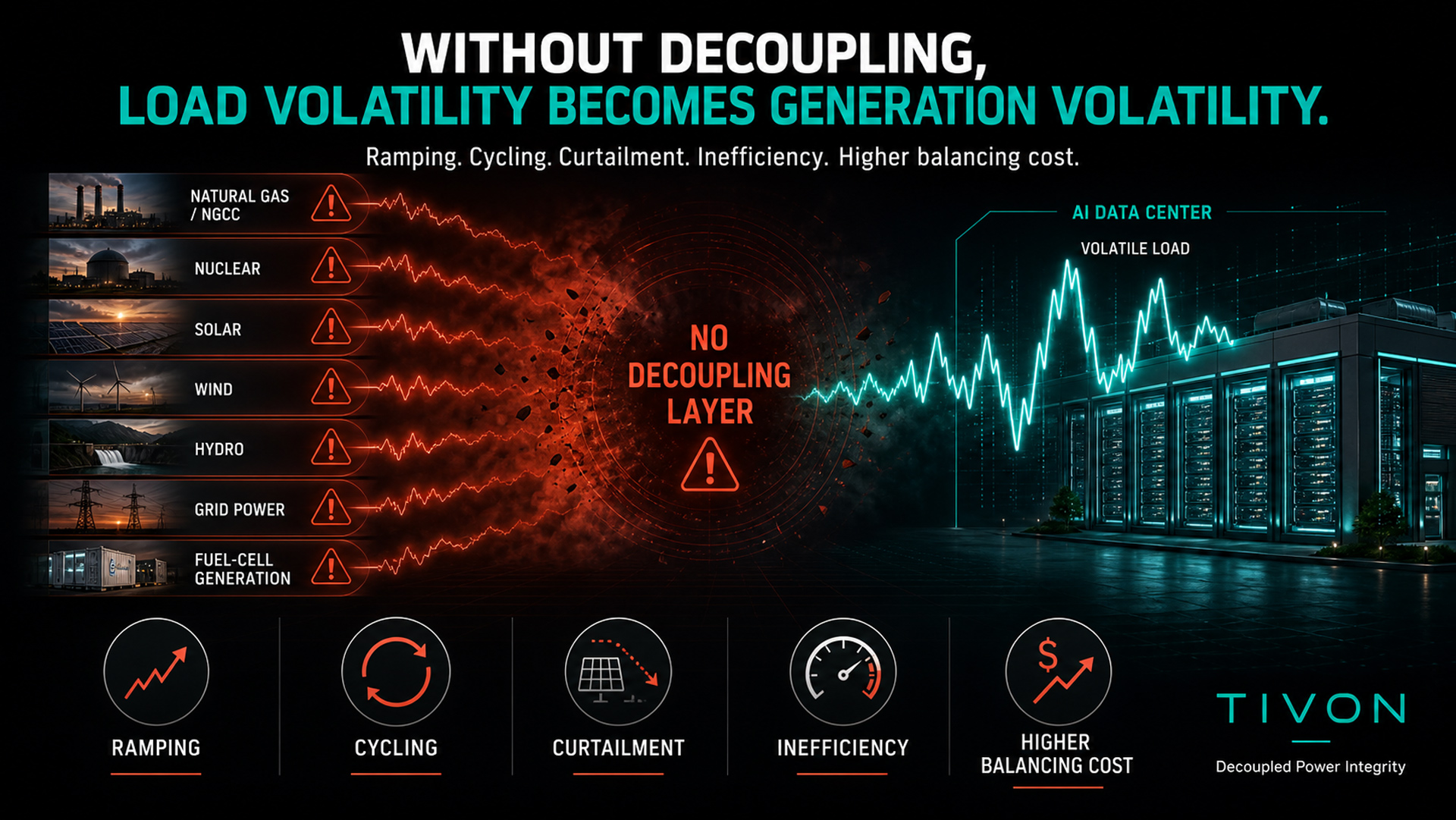 Diagram showing that without a decoupling layer, AI load volatility can become generation volatility, causing ramping, cycling, curtailment, inefficiency, and higher balancing cost.
