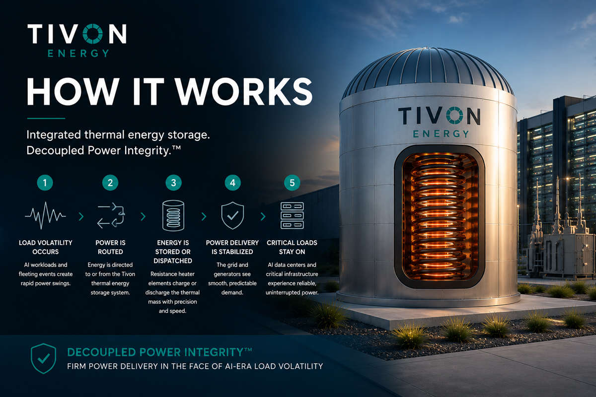 Tivon Energy How It Works featured image showing integrated thermal energy storage, resistance heater elements, Decoupled Power Integrity, and stable firm power delivery for AI-era load volatility.