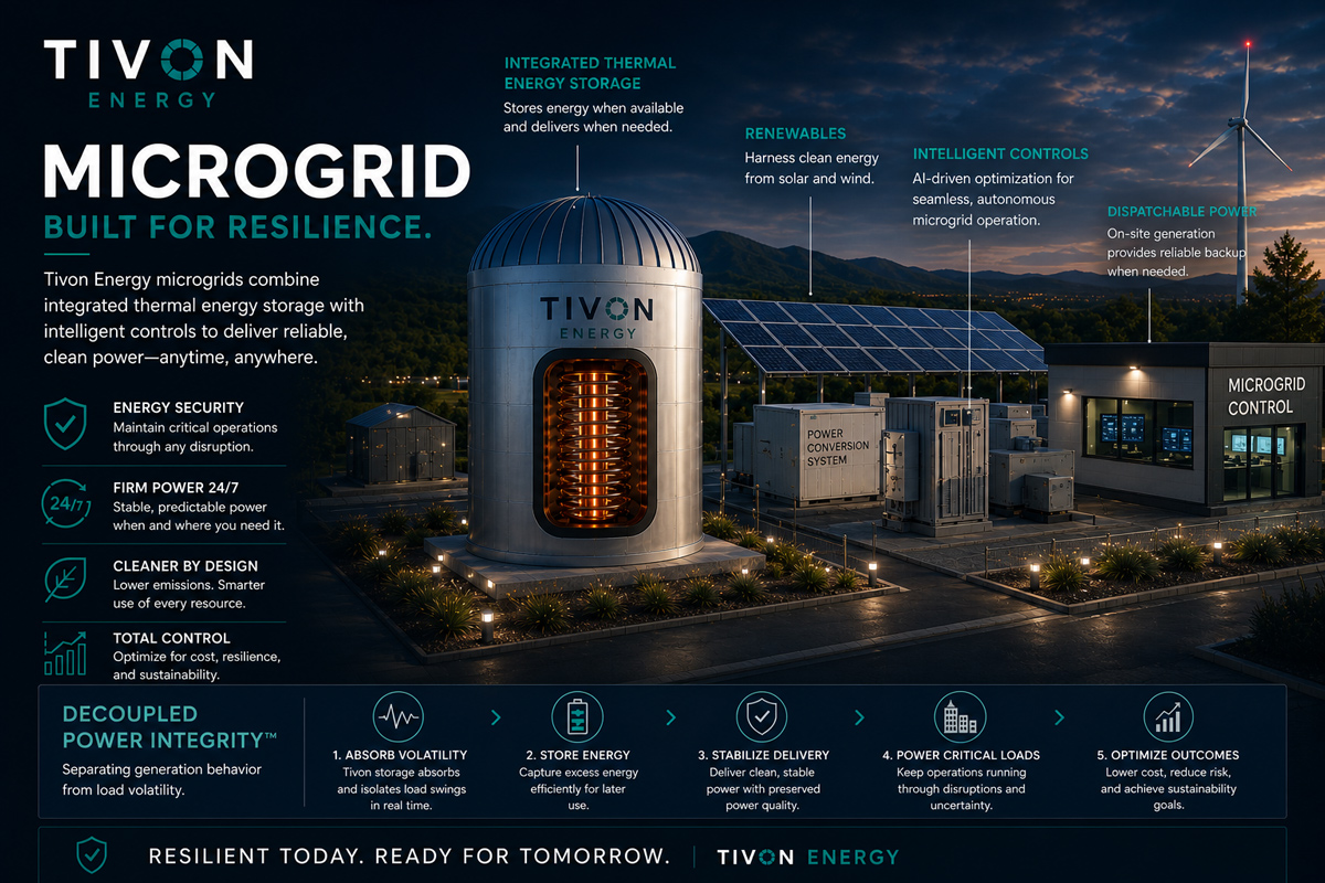 Tivon Energy microgrid featured image showing integrated thermal energy storage, renewables, intelligent controls, and dispatchable firm power for resilient localized power systems.
