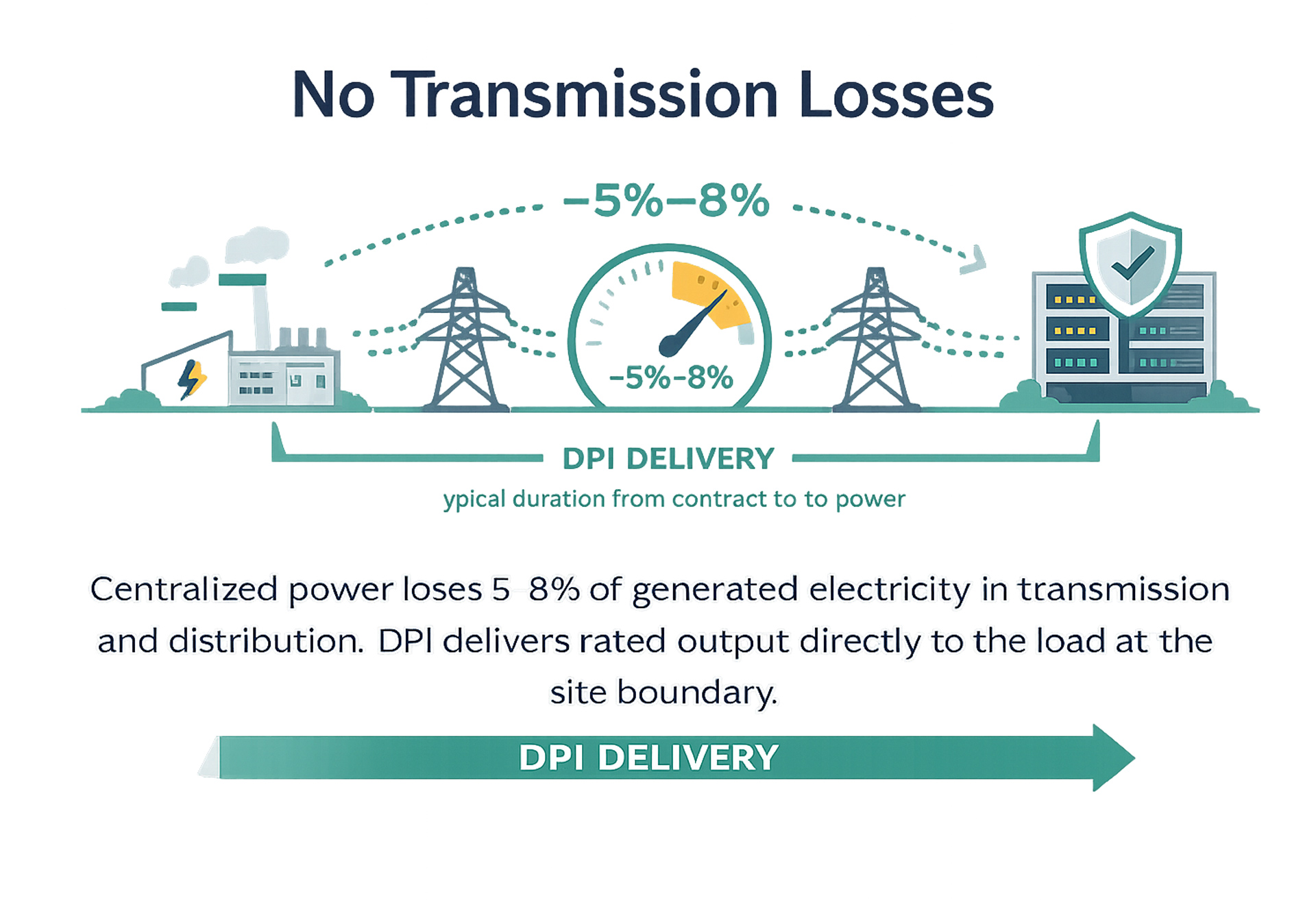 Tivon Energy Decoupled Power Integrity visual explaining how site-proximate firm-power infrastructure can reduce exposure to transmission losses and grid-delivery constraints.