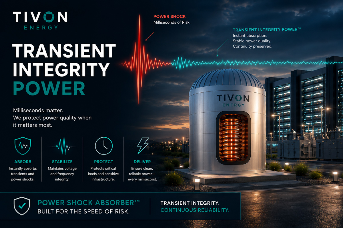 Tivon Energy Transient Integrity Power featured image showing a Tivon thermal energy storage vessel absorbing power shocks and stabilizing firm power delivery for AI-era data center loads.