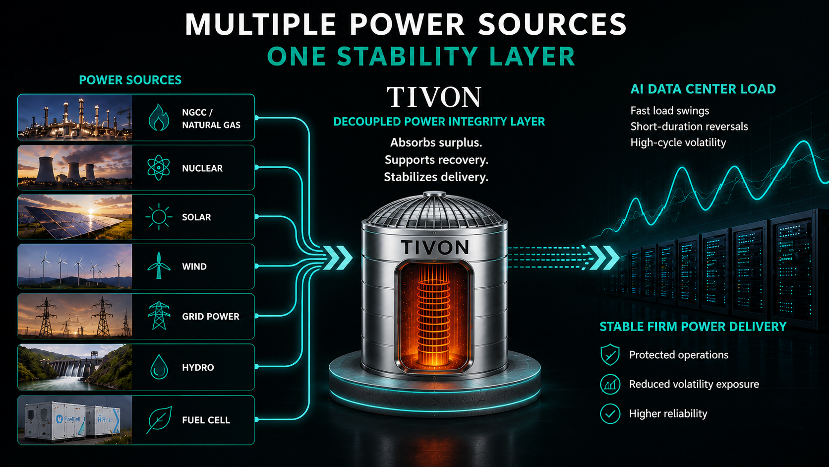 Tivon Decoupled Power Integrity architecture showing stable power flow for AI data centers and modern grid infrastructure.