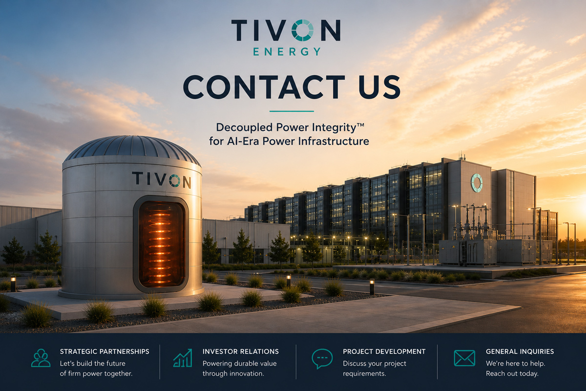 Tivon Energy contact page image showing a Tivon thermal energy storage vessel beside an industrial data center campus at golden hour.