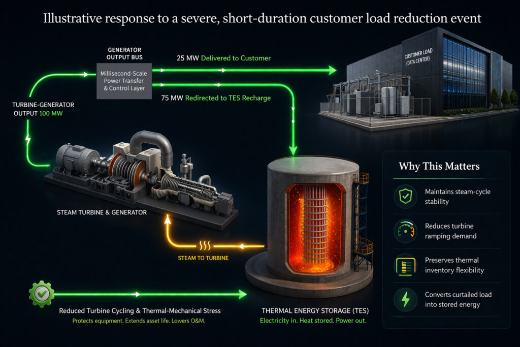 Illustrative Tivon Decoupled Power Integrity diagram showing stable turbine-generator output, power delivery to a data center, and surplus power redirected to thermal energy storage during a short-duration load reduction event.