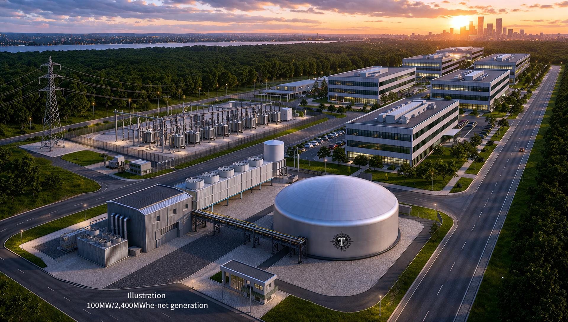 Tivon Energy industrial campus at golden hour representing firm-power infrastructure