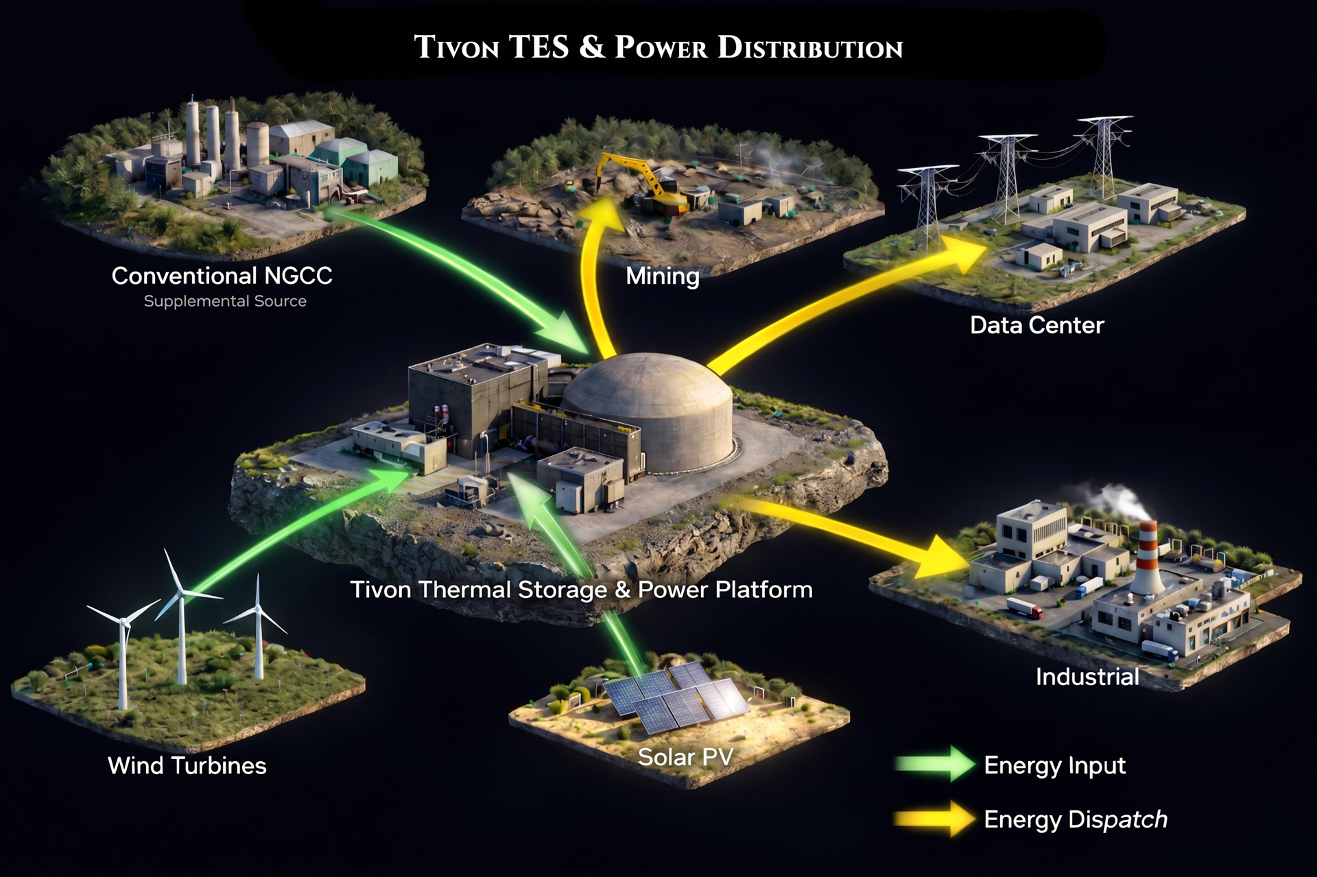 Tivon Energy microgrid power distribution diagram showing thermal energy storage integrated with firm power delivery.