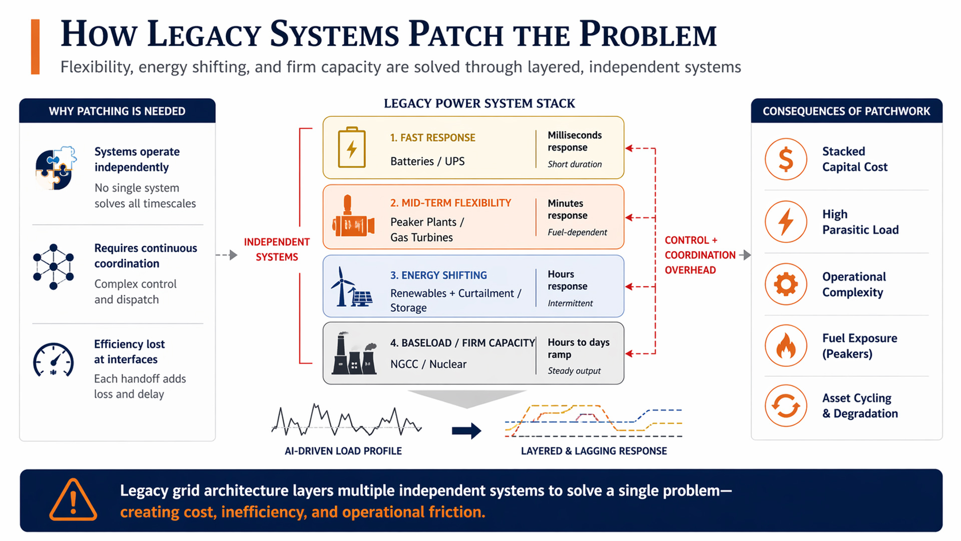 Tivon Energy visual showing how legacy power systems patch rapid load volatility through grid balancing, batteries, curtailment, and peaking resources.
