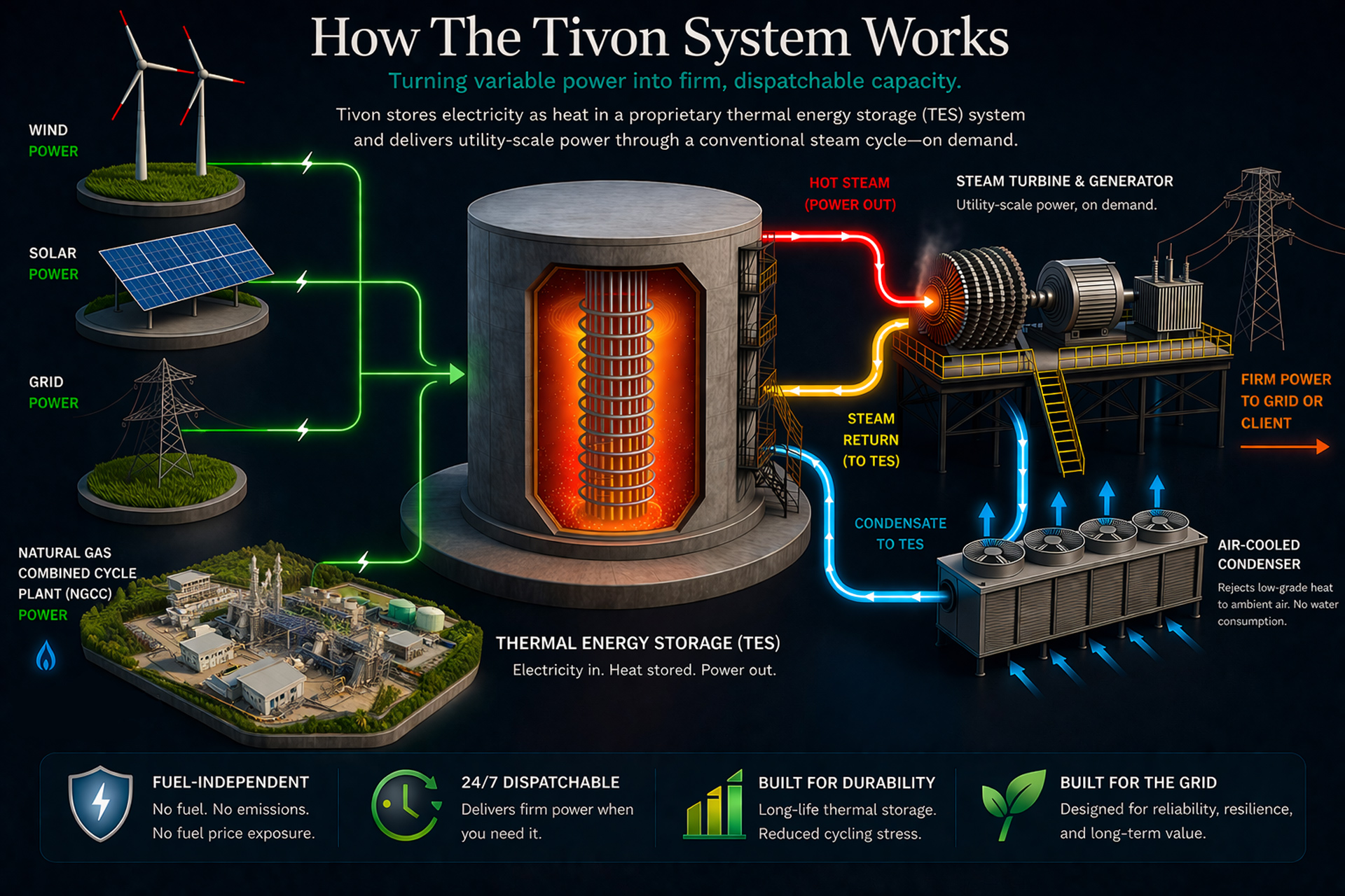 Tivon Energy system diagram showing electricity converted into thermal energy storage and recovered through thermosyphon heat exchange for firm power generation.