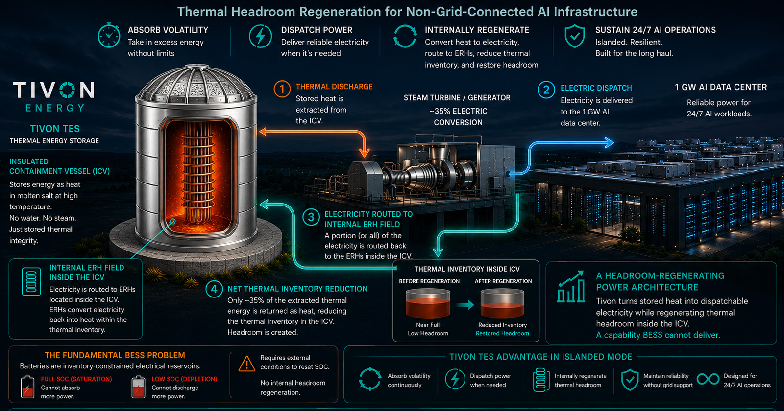 Tivon TES islanded 1 GW hyperscaler power infographic showing thermal headroom regeneration for non-grid-connected AI data centers.